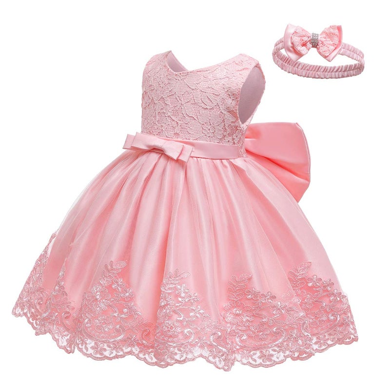 LZH Baby Girls Lace Bowknot Flower Dress Wedding Pageant Baptism Christening Tutu Gown, Meat Pink 6-12 Months - Image 3